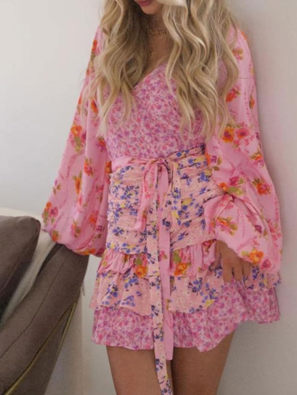 For Love Bell Pink Floral Tiered Mini Dress with Puff Sleeves - Women's Small - Picture 2 of 11